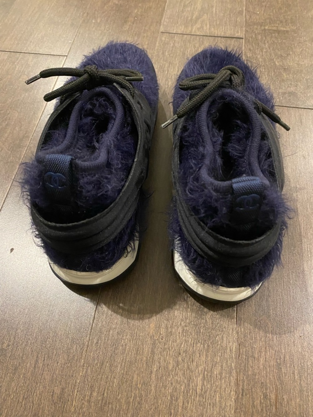 CHANEL Navy Fuzzy Lace-Up Sneakers - Picture 3 of 9